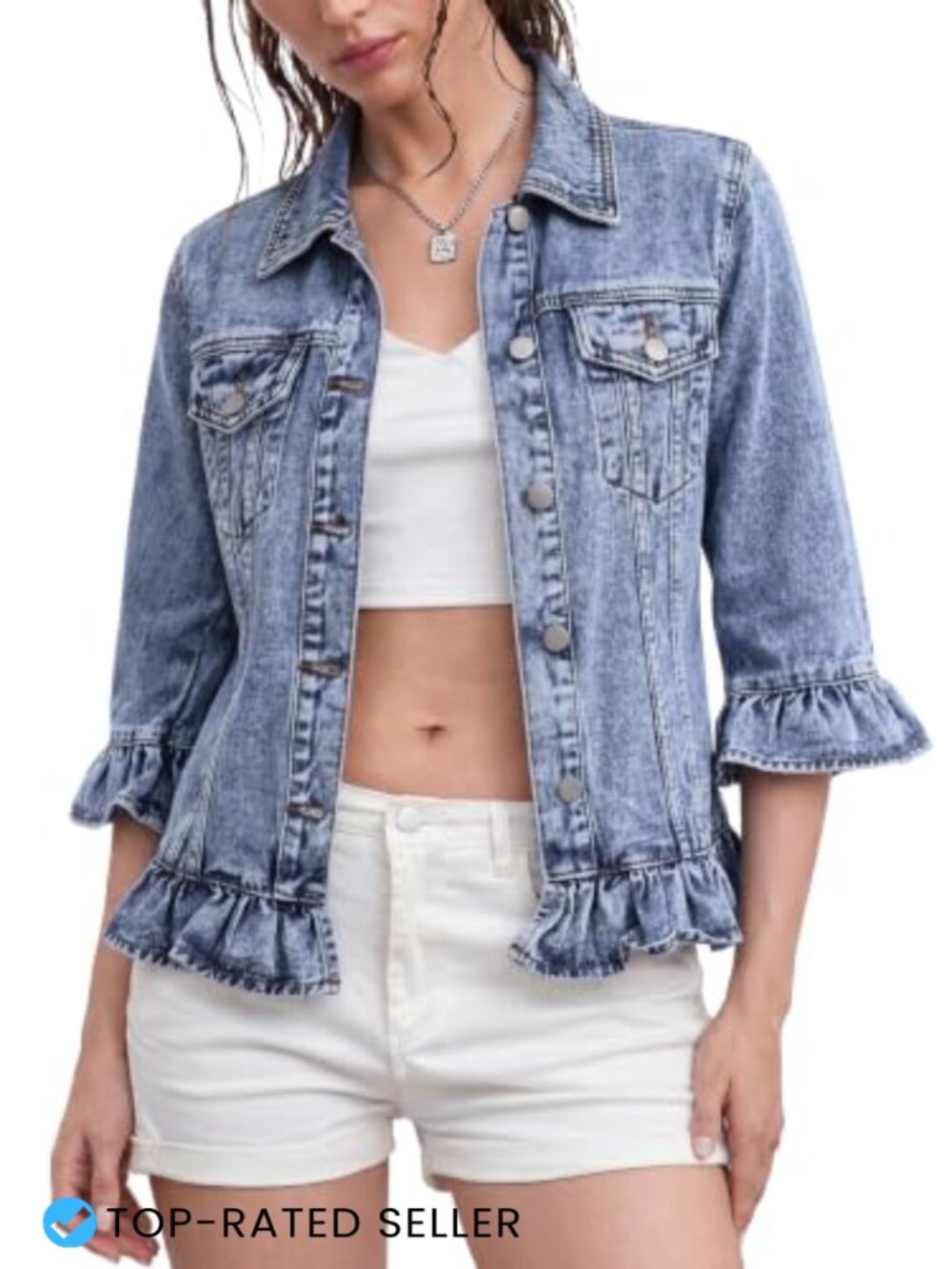 Women's 3/4 Sleeve Ruffle Denim Jacket Lightweight Cotton Jean Shacket